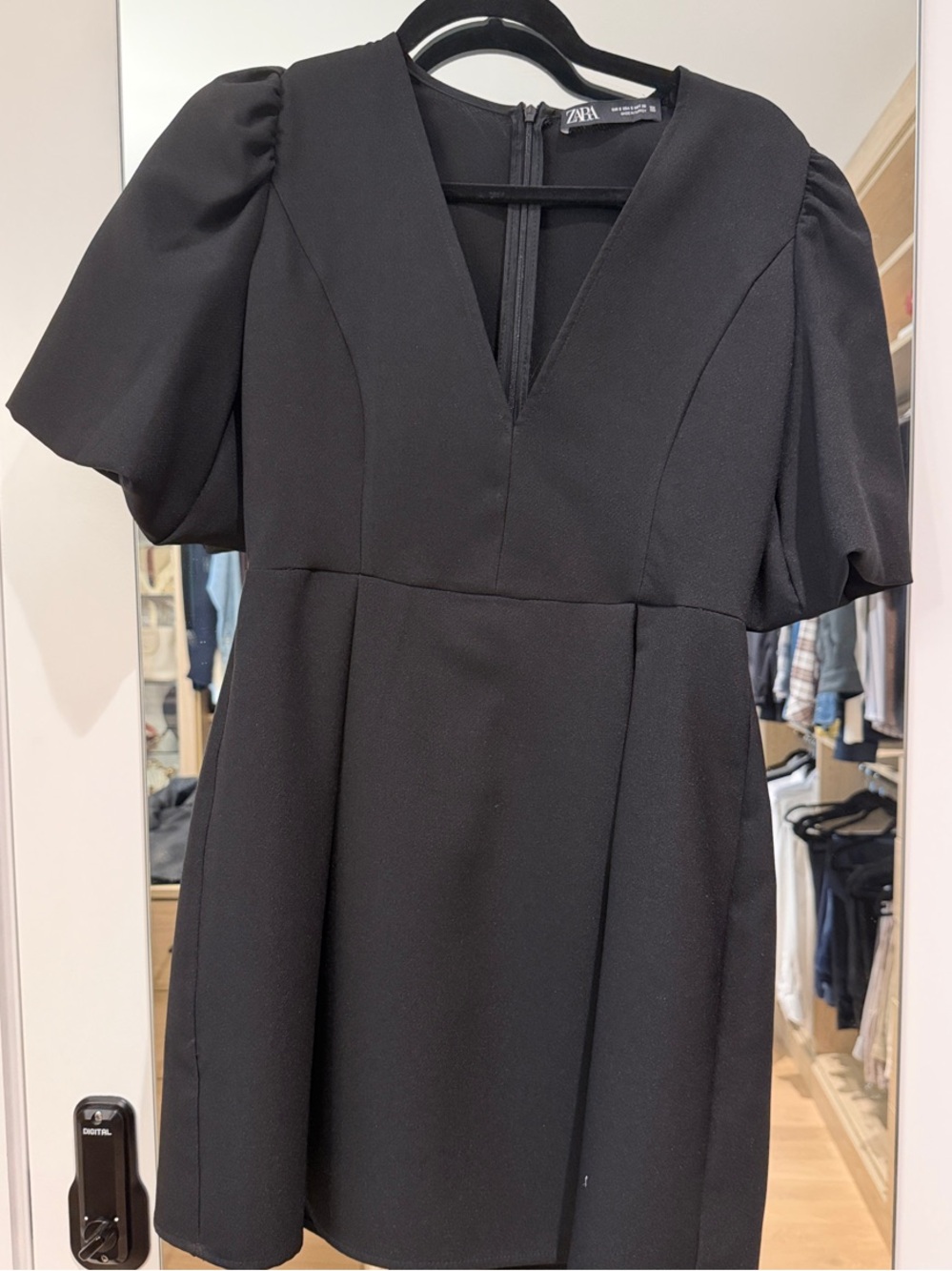 Zara Black V-Neck Puff Sleeve Mini Dress with Structured Waist